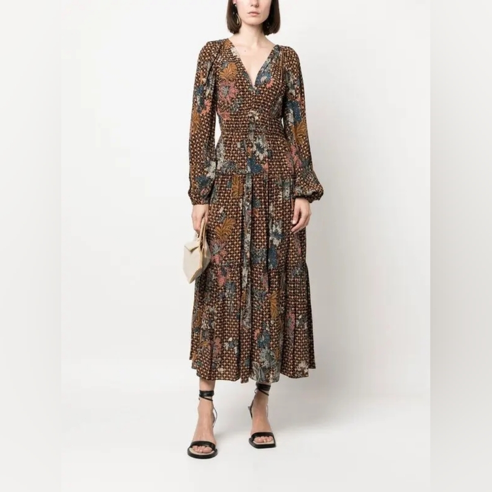 Ulla Johnson Linnea Midi Dress Silk Puff Sleeve With Pockets Modern Floral